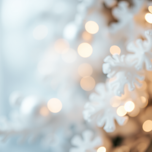 Generate an abstract image featuring soft, shimmering lights and blurred textures resembling festive decorations. Include elements that suggest a holiday atmosphere, with a focus on silver and white tones. Emphasize bokeh effects and a dreamy quality.