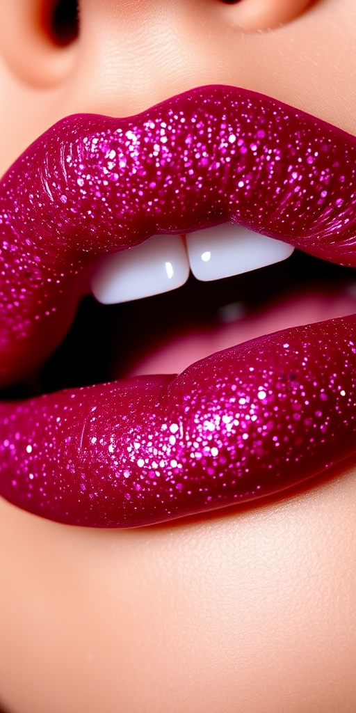Glitter-infused berry lips sparkle with festive charm in the "Berry Dazzle" design, featuring a deep raspberry base color accented with fine, multidimensional glitter particles that catch the light and create a dazzling, multifaceted effect, ideal for holiday parties or glamorous night-out looks