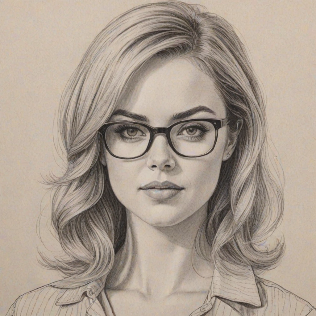 Captivating Jessica Marais, pencil sketch, portrait of Attractive woman 1960s in glasses, hair style beatnik, outline, clear lines, fine lines, 8k