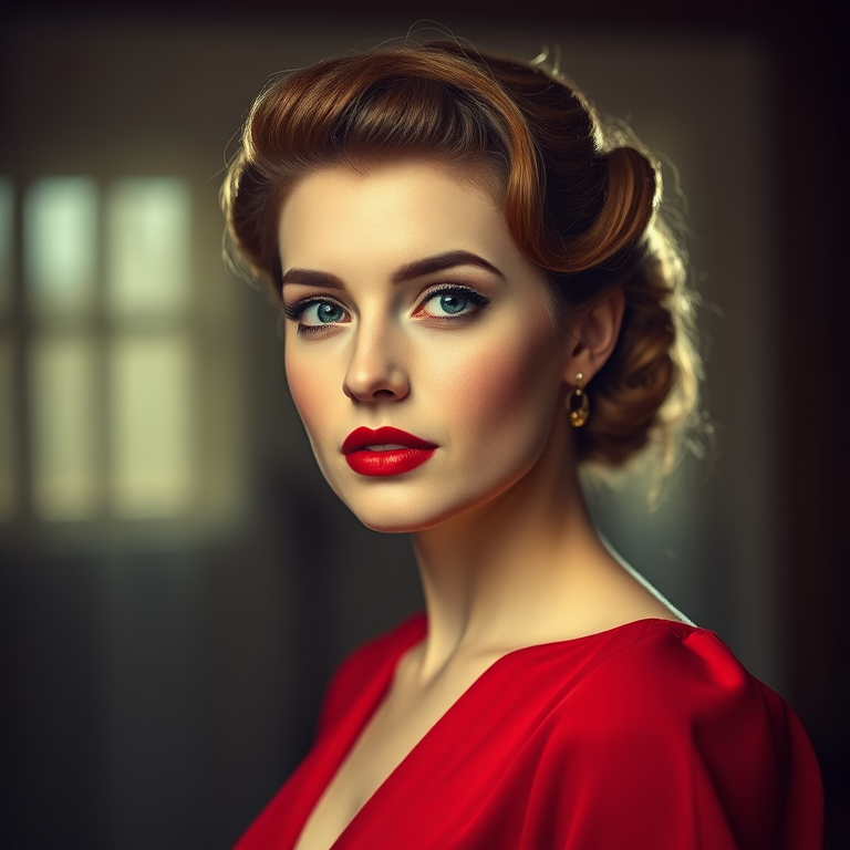 portrait of a woman with classic vintage hairstyle and red dress, soft focus background, dramatic lighting, shot with a Canon EOS R5, 85mm f/1.2 lens, ISO 100, aperture f/2.8, high dynamic range, studio lighting