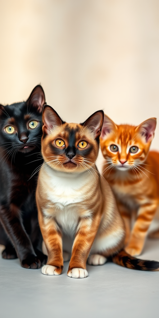 Capture a high-resolution image of three cats, including a black cat, a Siamese cat, and an orange tabby, arranged in a dynamic pose against a soft-focus background, using a DSLR camera with a 50mm lens, aperture at f/2.8, ISO 100, and a shutter speed of 1/200s for sharp details and vibrant colors.