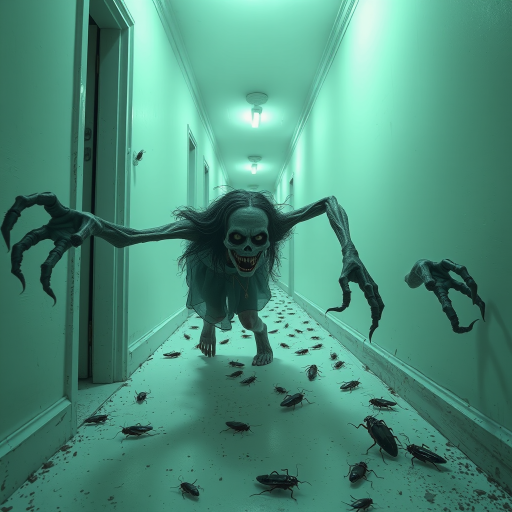 a crooked woman with long arms and a creepy smile is crawling along a long white corridor and you can also see cockroaches in it there is a creepy atmosphere creepy art style