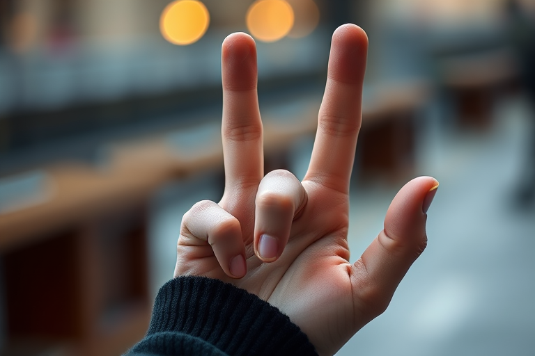 Capture a high-resolution image of a stylized hand gesture featuring two fingers raised, using a DSLR camera with a 50mm lens at f/2.8, ISO 100, and a shallow depth of field, from a slightly elevated angle to emphasize the shape and details of the hand.
