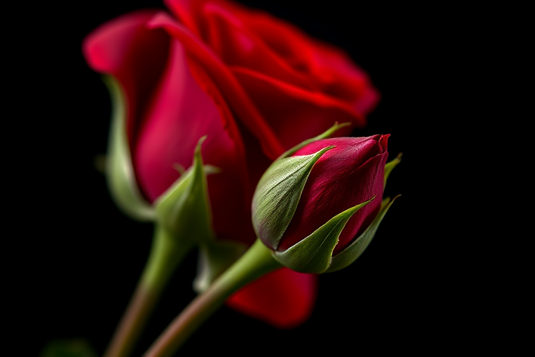 Capture a close-up of a red rose with two buds on a black background, aperture f/2.8, shutter speed 1/200s, ISO 100, macro lens, soft light style, digital SLR camera.