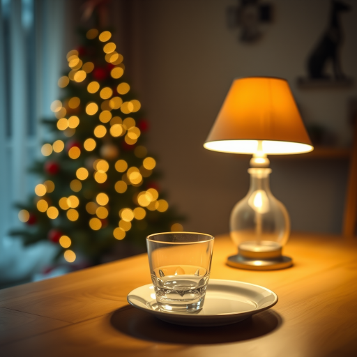 Create a cozy indoor scene featuring a softly lit lamp on a wooden table, a glass and plate in the foreground, with a blurred Christmas tree in the background, using a DSLR camera with a 50mm lens, aperture set to f/1.8 for a shallow depth of field, ISO 400, and a warm white balance to enhance the ambient glow.