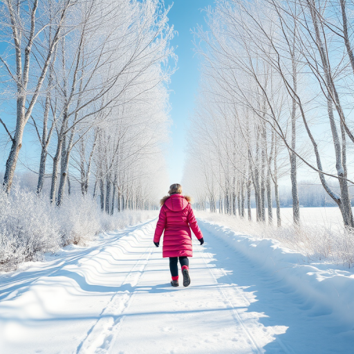 A young girl in a pink coat walking on a snow-covered path surrounded by frosty white trees, bright blue sky, shot with a Canon EOS R5, 50mm lens at f/1.8, ISO 100, natural light for enhanced contrast and clarity.