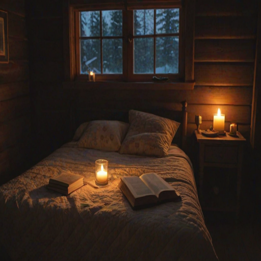 Warmly lit photo of a cozy cabin bedroom at dusk, with soft candlelight casting warm shadows on the wooden walls, a quilted bedspread, and a stack of novels on the bedside table.