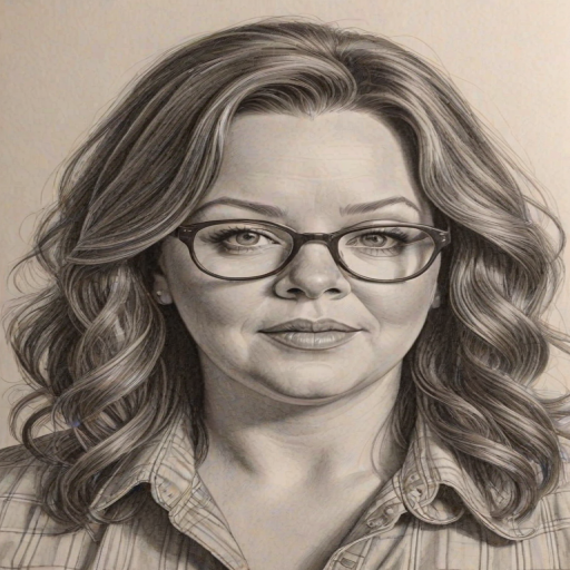 Bewitching Melissa McCarthy, pencil sketch, portrait of Delightful woman 1973s in glasses, hair style beatnik, outline, clear lines, fine lines, 8k