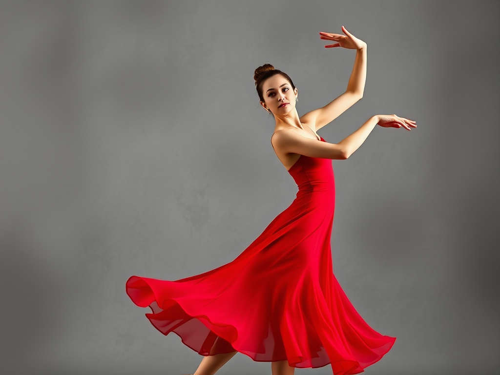 A ballet dancer in a flowing red dress gracefully poses against a soft, abstract gray background, captured with a Canon EOS R5, 50mm lens, f/1.8 aperture, ISO 100, natural light, in a portrait orientation for enhanced detail and depth.
