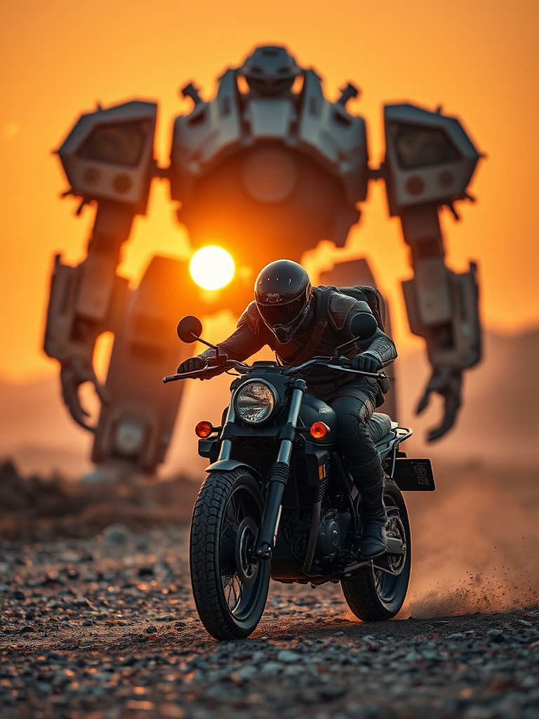 Create a sci-fi landscape featuring a futuristic warrior on a motorcycle with a giant robot in the background under a golden sunset, using a DSLR camera with a 50mm lens, f/1.8 aperture, ISO 100, and a shallow depth of field for enhanced detail and clarity.