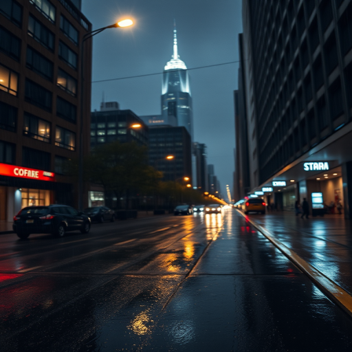 Capture a moody urban nighttime scene depicting a rainy street with skyscrapers illuminated in the background, using a DSLR camera, 35mm lens, f/2.8 aperture, ISO 400, 1/60 second exposure, and a slight tilt-shift effect for depth.