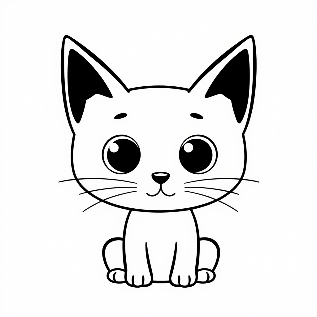 Create a black and white minimalist illustration of a cat. The cat should have large, round eyes and a simplistic, cartoonish style. Its ears should be tall and pointed, and its whiskers should be simple lines extending from its face. The background should be plain white to emphasize the cat's silhouette.