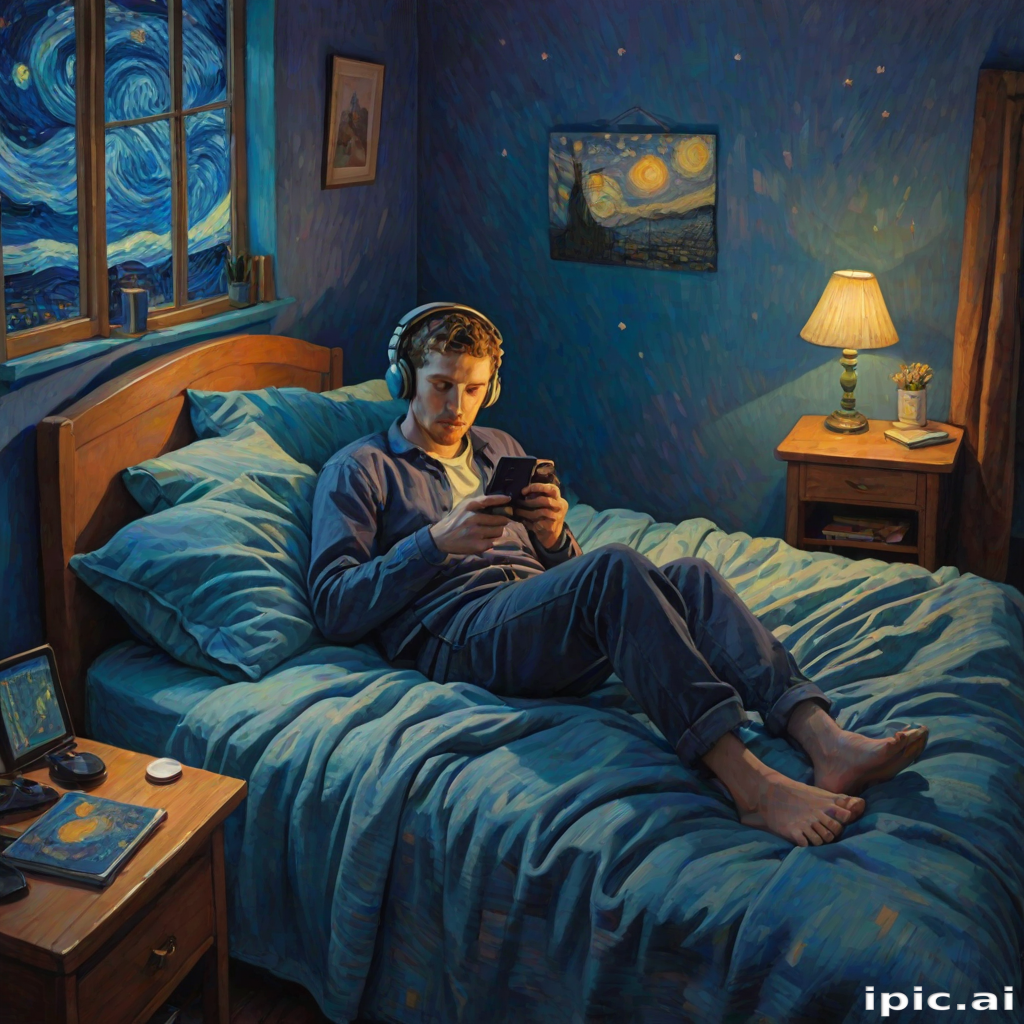 A top-down Van Gogh-style painting of a young man lying on his bed, listening to music with headphones. The room is softly lit with deep blues and purples, creating a peaceful nighttime atmosphere. The bed has a soft pillow, and the man's arms are resting behind his head. Around the bed, various glowing gadgets such as a smartphone, a laptop, and a small lamp are visible, casting a gentle light. The rest of the bedroom includes a desk with books, a chair, and a small rug on the floor. A window near the bed reveals a starry night sky with swirling stars, reminiscent of Van Gogh's 'Starry Night.' On the desk, there is a sketchbook with colorful drawings, a cup of coffee steaming gently, and a small potted plant. The walls have posters of famous paintings and a corkboard with pinned notes and photos. The scene is full of dynamic, swirling brushstrokes, capturing the essence of Van Gogh's unique style. The overall mood is serene and contemplative, with a touch of artistic inspiration.