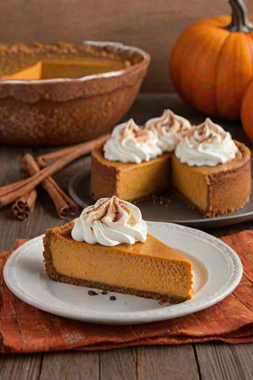 Create an image of a delicious slice of pumpkin cheesecake topped with whipped cream and a sprinkle of cinnamon. The cheesecake should have a rich, creamy texture and a crumbly crust. Include a warm, autumn-inspired backdrop with pumpkins and spices to enhance the cozy fall feeling.
