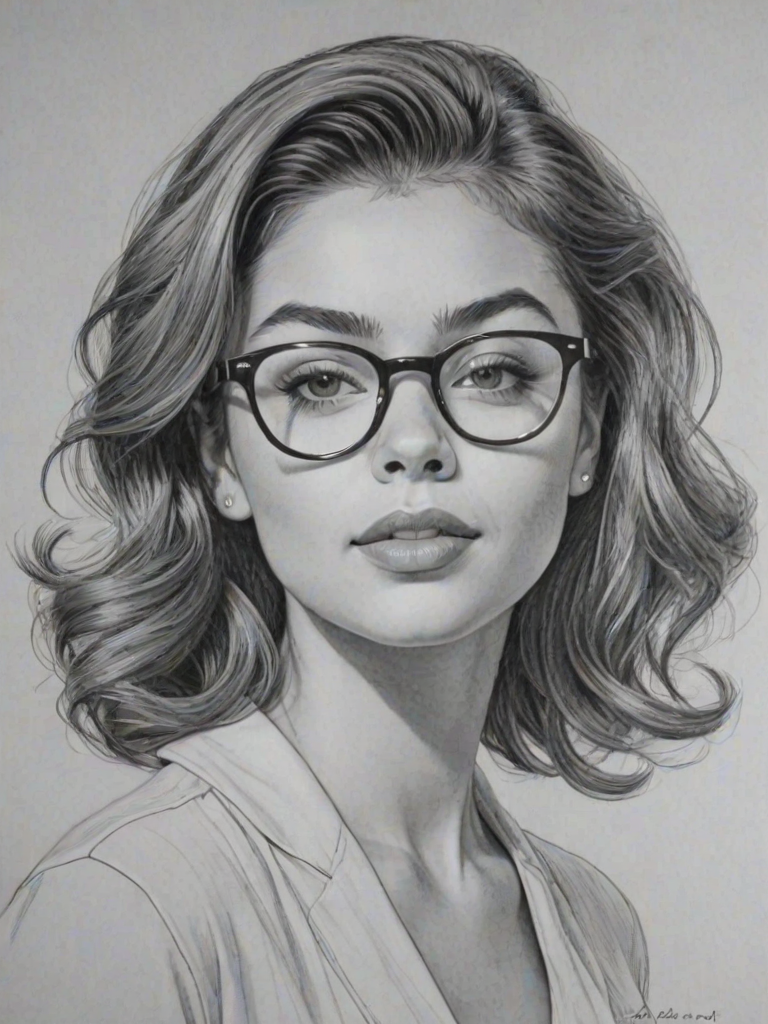 Graceful Sarah Hyland, pencil sketch, portrait of Enticing woman 1951s in glasses, hair style beatnik, outline, clear lines, fine lines, 8k