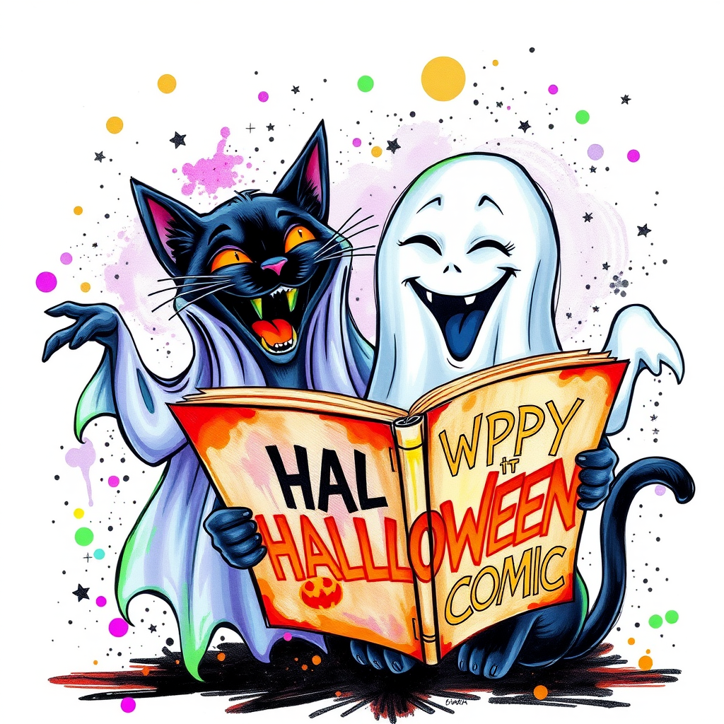 Image of a ghost and a black cat laughing exaggeratedly , and reading a comic halloween comic book, alcohol ink airbrush style, funny halloween theme, white background with neon purple, neon orange, neon green splash, black sparkles stars , dazzling BG