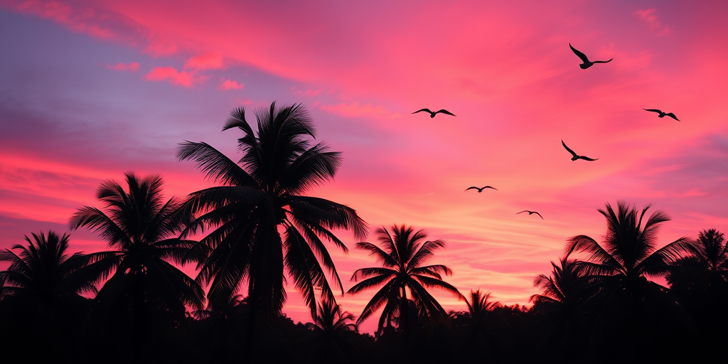 Create a serene tropical sunset scene with vibrant pink and purple hues in the sky, silhouettes of palm trees in the foreground, and birds flying in a gentle breeze, captured in high-resolution with a DSLR camera at f/8 aperture, ISO 200, 24mm lens, and wide-angle view for enhanced depth and clarity.
