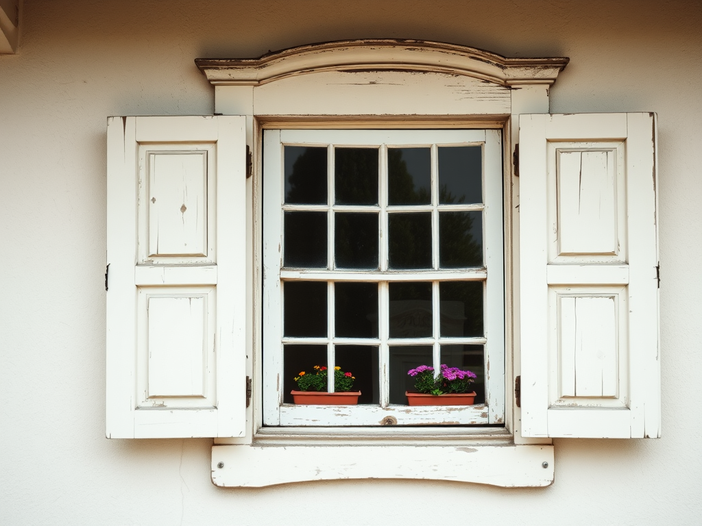 Regenerate an image of an old, weathered window with decorative wooden trim, featuring flower boxes beneath the windows, captured in natural daylight with a DSLR camera, 50mm lens at f/2.8, ISO 100, and a soft focus effect to enhance the vintage aesthetic.