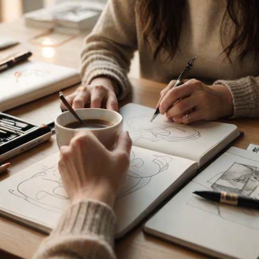Close-up of a woman’s hands sketching in a notebook, soft light illuminating her workspace filled with art supplies and sketches, with a warm cup of coffee nearby.