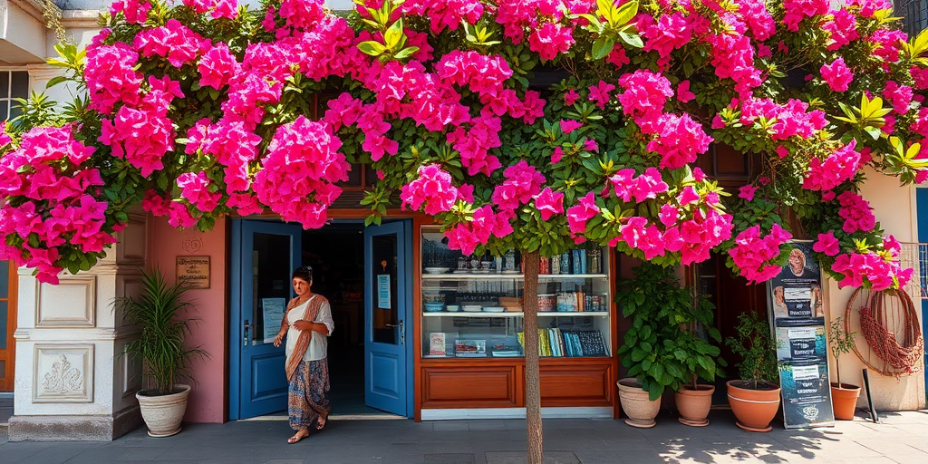 regenerate the image of a vibrant storefront adorned with blooming pink bougainvillea, a person in traditional attire interacting with the scene, taken with a Canon EOS R5 camera, 24mm lens, f/8 aperture, ISO 100, captured in daylight with a wide-angle perspective to enhance color and detail
