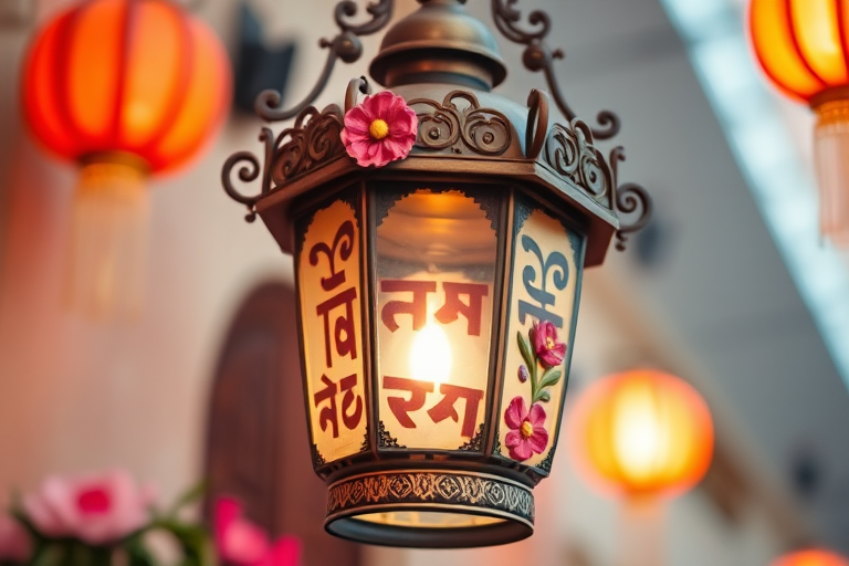 Generate an image of an ornate lantern with floral decorations, captured with a DSLR camera at f/2.8 aperture, ISO 100, 1/250 sec shutter speed, in a shallow depth of field, taken from a low angle view to emphasize the details and textures of the lantern against a blurred background.