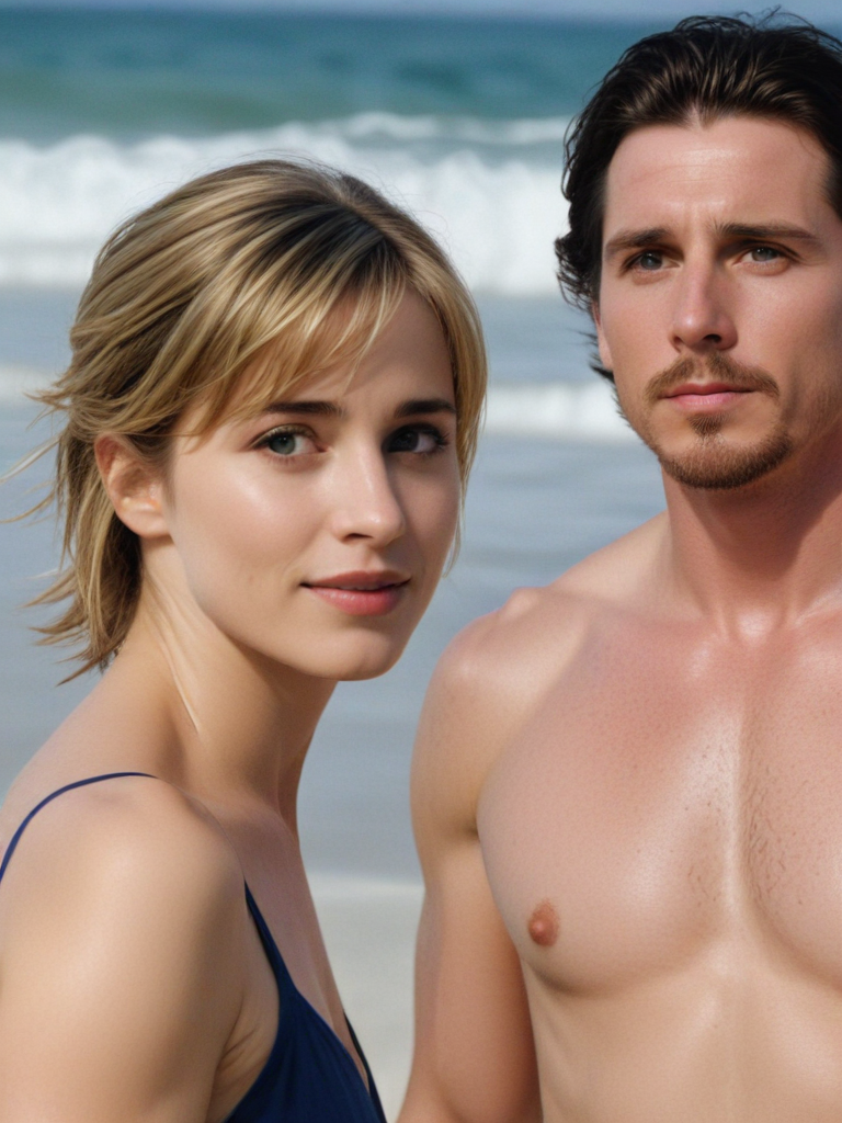 Christian bale as bruce wayne and allison mack in bikini at the beach, love scene, nearby mouths, looking at the camera,