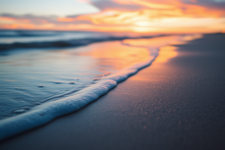 Soft-focus image of a tranquil beach at sunset, with soft waves gently lapping at the shore, and colorful skies reflected on the wet sand.