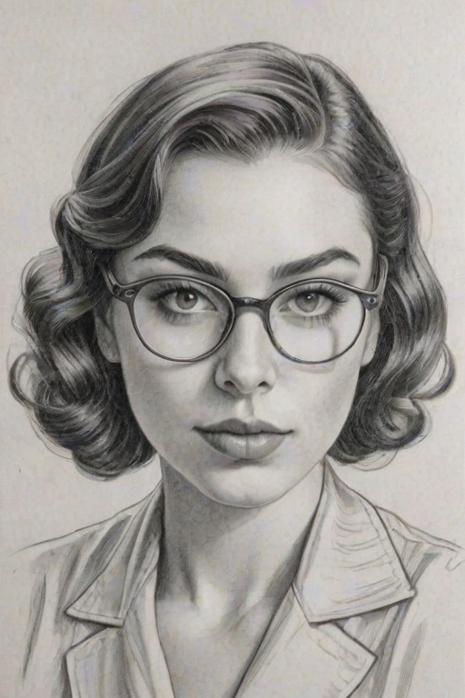 Radiant Sophie Simmons, pencil sketch, portrait of Graceful woman 1935s in glasses, hair style beatnik, outline, clear lines, fine lines, 8k