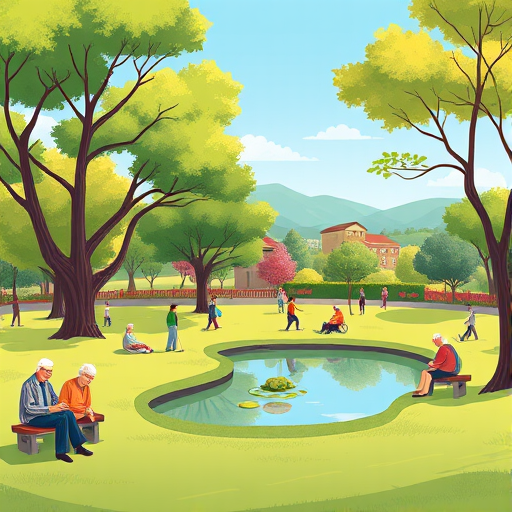 Create a vibrant illustration of a serene park scene filled with elderly people engaging in various activities, with lush green trees, a small pond, soft hills in the background, and a clear blue sky, captured with a Canon EOS R5, f/8 aperture, ISO 100, 50mm lens, in a wide-angle view to enhance depth and detail.