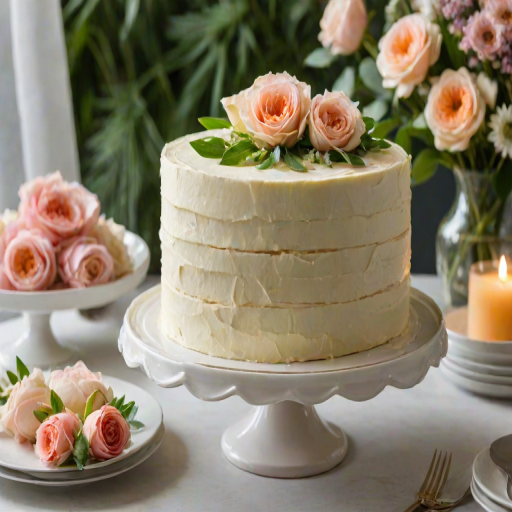 Generate an image of a beautifully layered cake, showcasing three distinct layers with a smooth frosting covering the top and sides. The cake is presented on a decorative cake stand, surrounded by fresh flowers and greenery, creating an elegant and inviting atmosphere. The cake should have a soft texture and a light color, with a clean and polished appearance.