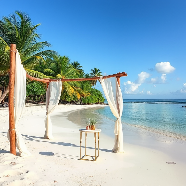 Create a picturesque tropical beach scene featuring a serene, white sandy shore. In the foreground, there's a rustic wooden canopy with white drapes gently flowing in the breeze. Underneath the canopy, a table is set with tropical decor, evoking a sense of relaxation and leisure. The beach extends into a calm, shallow water area with reflections of the sky and surroundings. Palm trees and lush greenery line the edge of the beach, providing a natural, tropical backdrop. The sky is clear with a few scattered clouds, and the overall atmosphere is tranquil and inviting, perfect for a peaceful retreat.