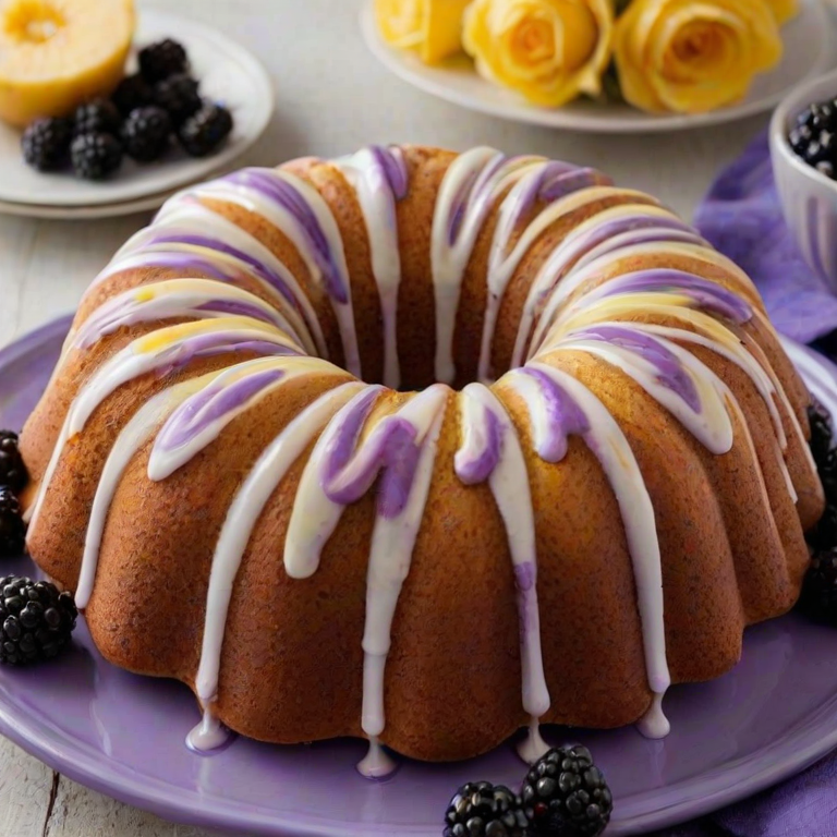 Create an image of a beautifully baked bundt cake with a swirl of purple and yellow colors. The cake should be sliced to show its interior, and it should be garnished with fresh blackberries. Include a textured background with a soft cloth and a glass of milk nearby for a cozy presentation.