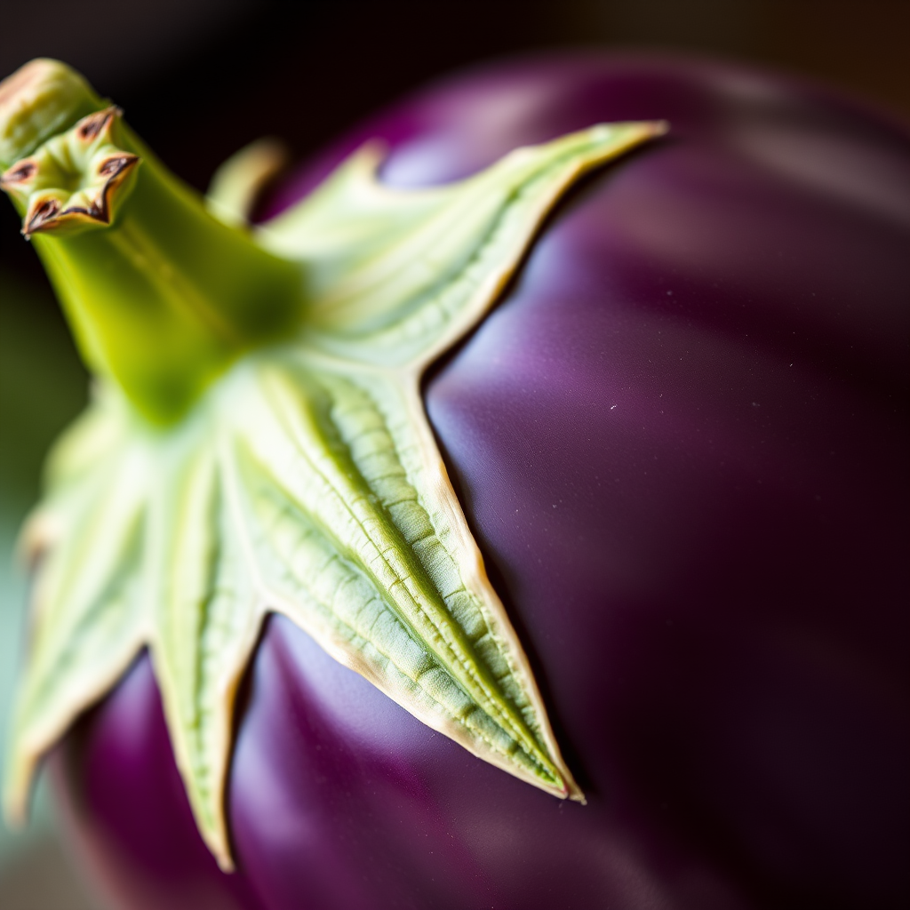 high-resolution close-up of a glossy eggplant with rich purple color and vibrant green leaf, minimal background blur, f/2.8 aperture, 50mm lens, soft natural lighting, DSLR camera