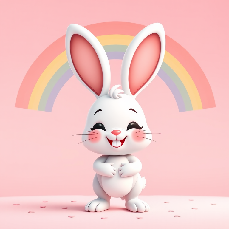 Create a cute cartoon bunny character with a big smile, standing under a vibrant rainbow on a soft pink background with small hearts, using a digital art style, 4K resolution, 50mm lens, f/2.8 aperture, and soft lighting.