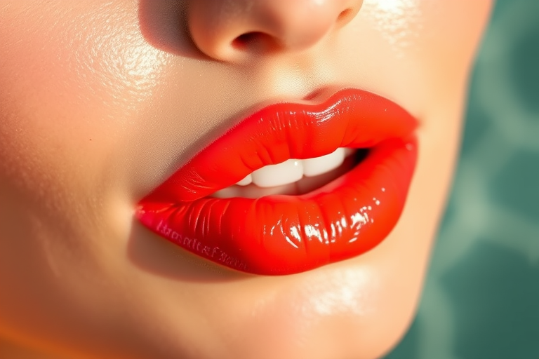Vibrant coral sunset lip stain "Tropical Breeze" with glossy finish and subtle shimmer, perfect for beachwear and summer evenings, long-lasting and hydrating formula