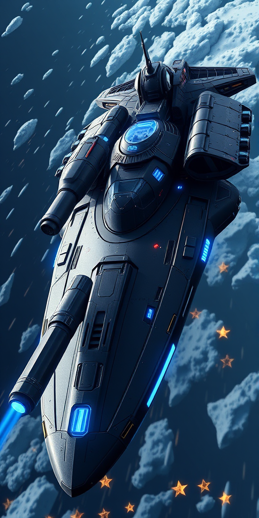 Create a high-resolution image of a futuristic battleship with two large guns, featuring sleek dark armor and glowing blue accents, captured from a dynamic aerial view using a DSLR camera set to f/8 aperture, ISO 100, and a shutter speed of 1/250s in a digital illustration style.
