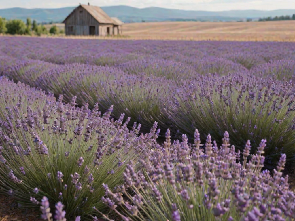 Soft-focus image of a sprawling lavender field in full bloom, soft purple flowers dancing in the breeze, with a rustic farmhouse softly blurred in the distance.