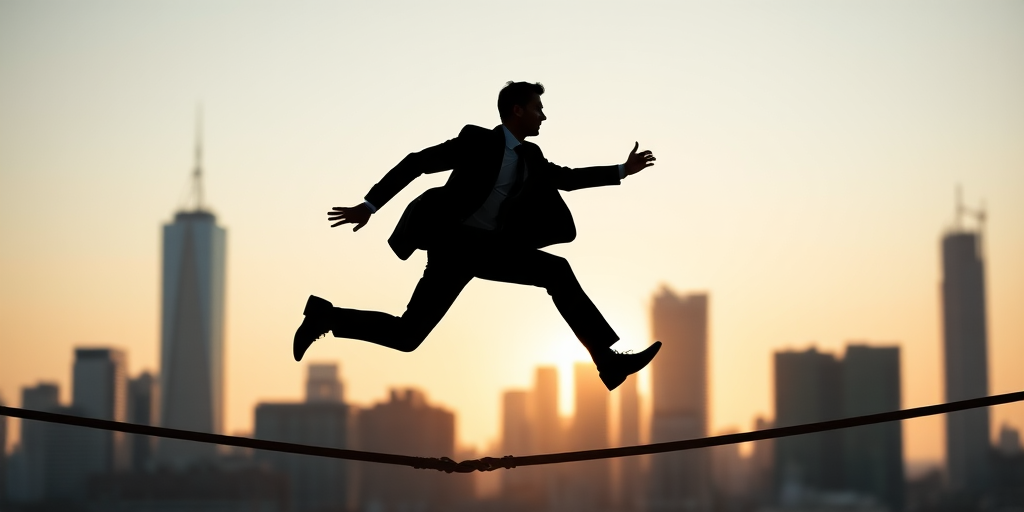A silhouette of a businessman running on a tightrope against a city skyline background, high contrast, shot with a Canon EOS R5, 50mm lens, f/1.8, ISO 100, shutter speed 1/500s, soft focus on the background for depth.