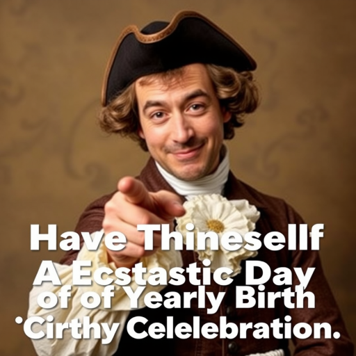 Create an image of a historical figure dressed in 18th century attire with a playful expression pointing towards the viewer. The background should be a warm, muted color to give an inviting feel. Overlay the text "Have Thineself A Ecstatic Day of Yearly Birth Celebration" in a bold, easy-to-read font.