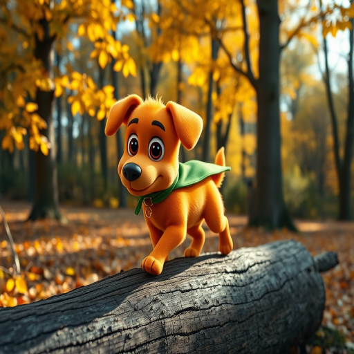 Create a whimsical cartoon character, an orange dog with big eyes and a green cape, walking on a log surrounded by autumn trees with golden leaves, soft sunlight filtering through the branches, shot with a DSLR camera at f/2.8 aperture, 35mm lens, natural light, vibrant colors, high resolution.