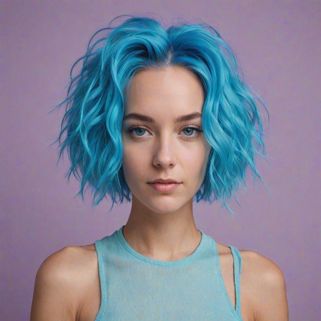 Image of a person with their hair styled upright,  in a cylinder shape. The hair  color is neon blue and appears to be held in place by a hair product, giving it a fluffy texture. The background is nondescript, and the person's face is looking at the viewer nervously.
