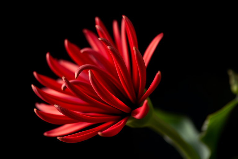 Close-up shot of a red flower with elongated petals against a black background, use a Canon EOS 5D Mark IV, f/2.8 aperture, 50mm lens, ISO 100, soft focus style, natural light.