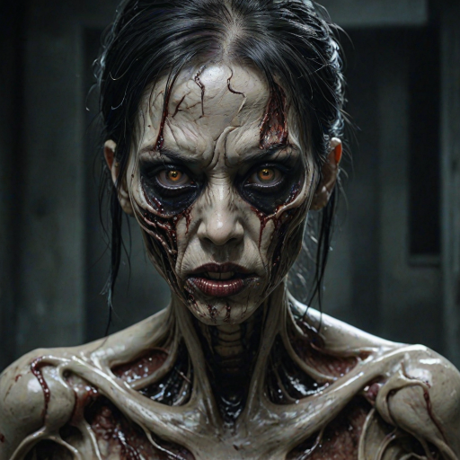 (perspective) of A creepy (ethnicity) zombie cyborg with (descriptive color) skin, (color) lipstick (color) liquid flowing from her eyes and mouth, (perspective two) portrait, (camera angle), extremely detailed, (art style) in the style of Yoshitaka Amano and Tetsuo Hara. --ar 85:128 --style raw --niji 6