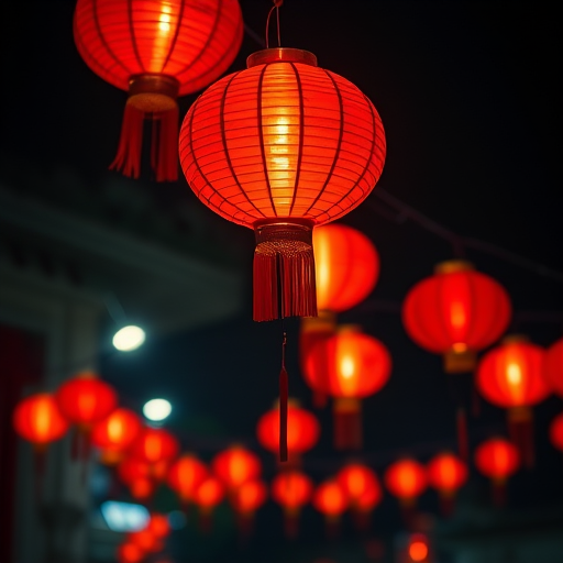 Create a vibrant night scene featuring traditional red Chinese lanterns glowing against a dark background, using a DSLR camera with a 50mm lens, aperture set to f/1.8 for bokeh effect, ISO 800 for enhanced night vision, and a slow shutter speed of 1/30 seconds to capture soft light trails.