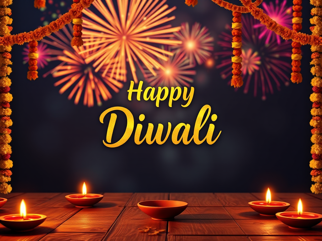 Create a vibrant Diwali celebration background featuring the text "Happy Diwali" in gold, surrounded by colorful fireworks, decorated with marigold garlands, and traditional oil lamps lit along a wooden table, captured with a DSLR camera at f/2.8 aperture, ISO 100, 50mm lens, and a soft-focus background for enhanced depth.