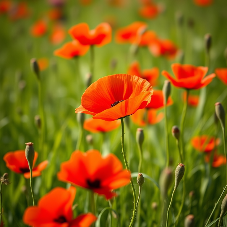 vibrant red poppies in a lush green field, shallow depth of field, focus on flowers, ISO 100, aperture f/2.8, shutter speed 1/500s, captured with a DSLR camera, macro view, natural lighting