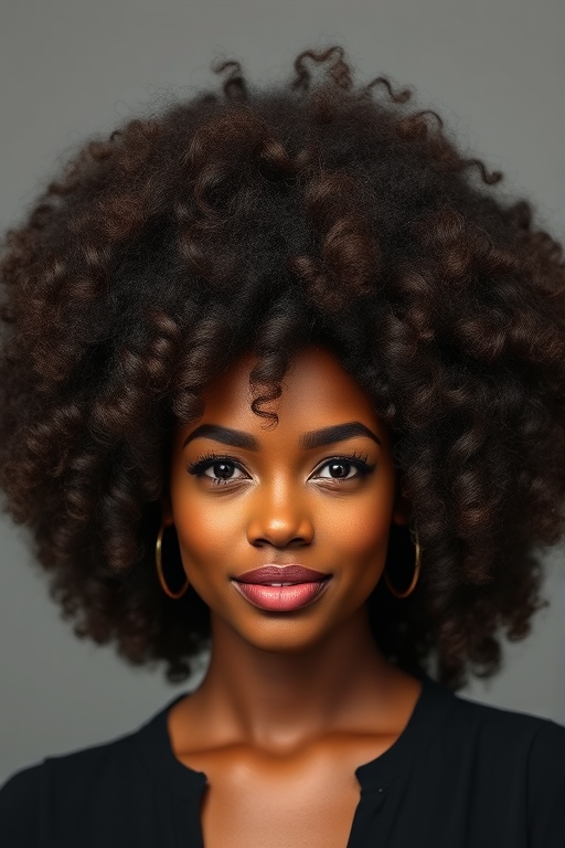 Luscious chocolate brown curls styled in a voluminous afro, celebrating natural texture and embracing the beauty of kinky coils in the empowering "Crown of Glory" look