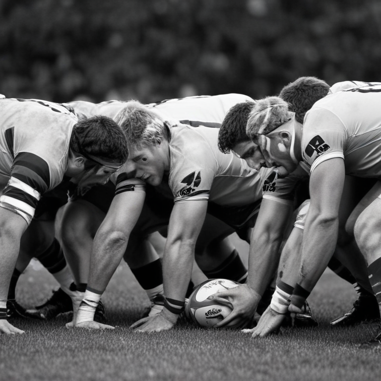 black and white rugby scrum profile