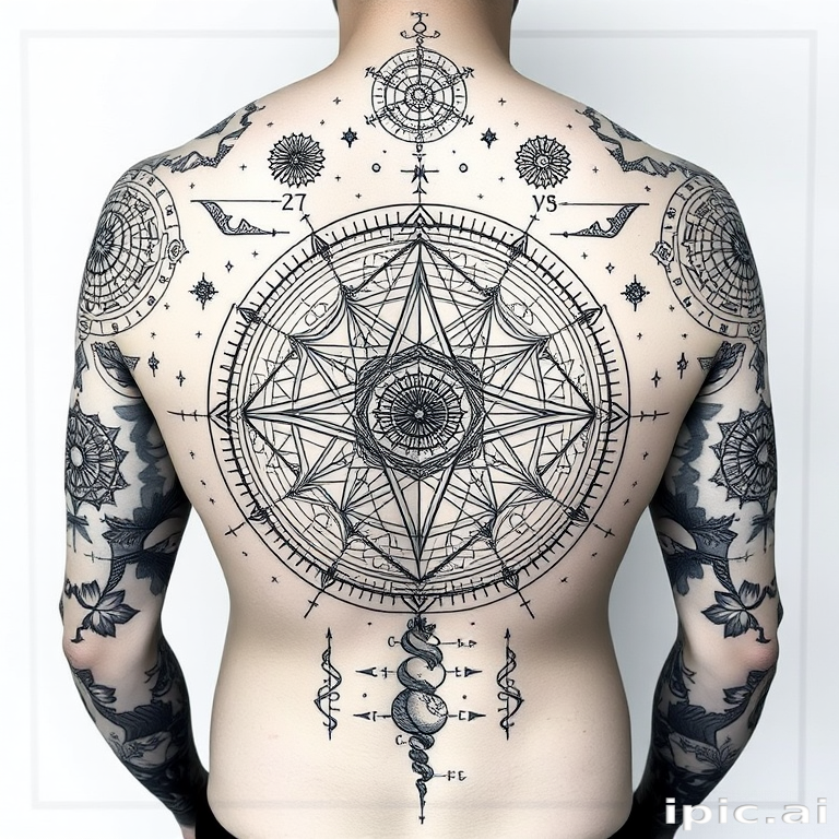 Blackwork sacred geometry tattoo named "Cosmic Blueprint" combining intricate geometric patterns with astronomical symbols and constellations, creating a harmonious balance between order and chaos, suitable for full back, chest, or leg sleeve placement