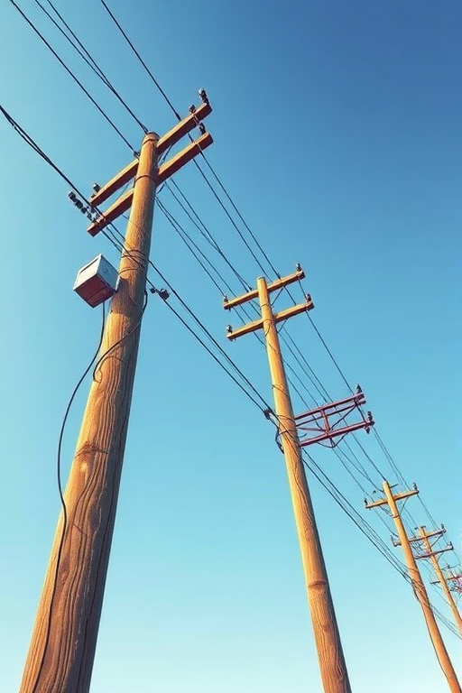 Create a high-resolution illustration of several wooden telephone poles connected by wires under a clear blue sky, shot from a low angle using a DSLR camera with a 35mm lens at f/8 aperture, ISO 200, and natural soft lighting to enhance details and colors.
